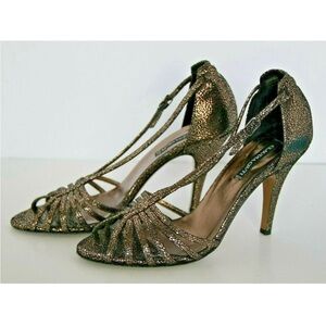 Claudia Ciuti Metallic Bronze Open Toe Y-Strap Heels Sandals
